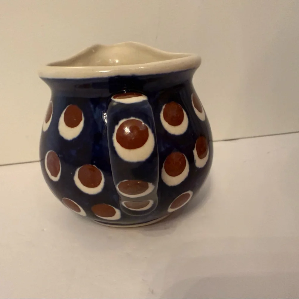 POLISH POTTERY CREAMER MINI PITCHER BLUE WHITE BROWN HANDMADE HOME BOLESLAWIEC